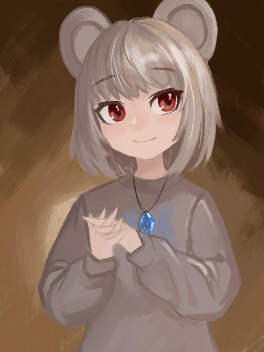 1girl absurdres alternate_costume animal_ears bangs brown_background clip_studio_paint_(medium) closed_mouth commentary_request crystal flat_chest grey_hair grey_shirt highres interlocked_fingers jewelry lenserd looking_to_the_side mouse_ears mouse_girl nazrin own_hands_together pendant red_eyes shirt short_hair smile solo touhou upper_body