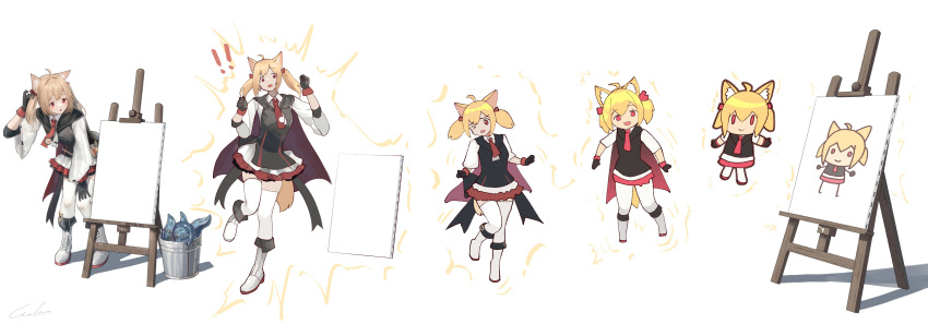 ! !! &gt;_o 1girl absurdres ahoge animal_ears arknights black_gloves black_vest blonde_hair boots bow bucket canvas_(object) chibi closed_mouth commentary_request commission easel gloves hair_bow highres long_hair long_sleeves necktie one_eye_closed painting_(object) red_bow red_eyes red_necktie red_skirt shirt skeb_commission skirt smile sora_(arknights) standing standing_on_one_leg tail tentacles thigh-highs thighhighs_under_boots transformation twintails vest wavy_mouth welt_(kinsei_koutenkyoku) white_background white_footwear white_shirt white_thighhighs wide_sleeves