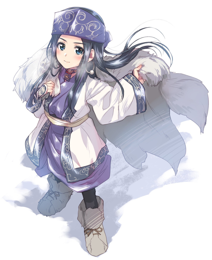 1girl closed_mouth earrings full_body golden_kamuy highres hoop_earrings jewelry kuroi_mimei long_hair looking_at_viewer simple_background smile solo sugimoto_saichi white_background