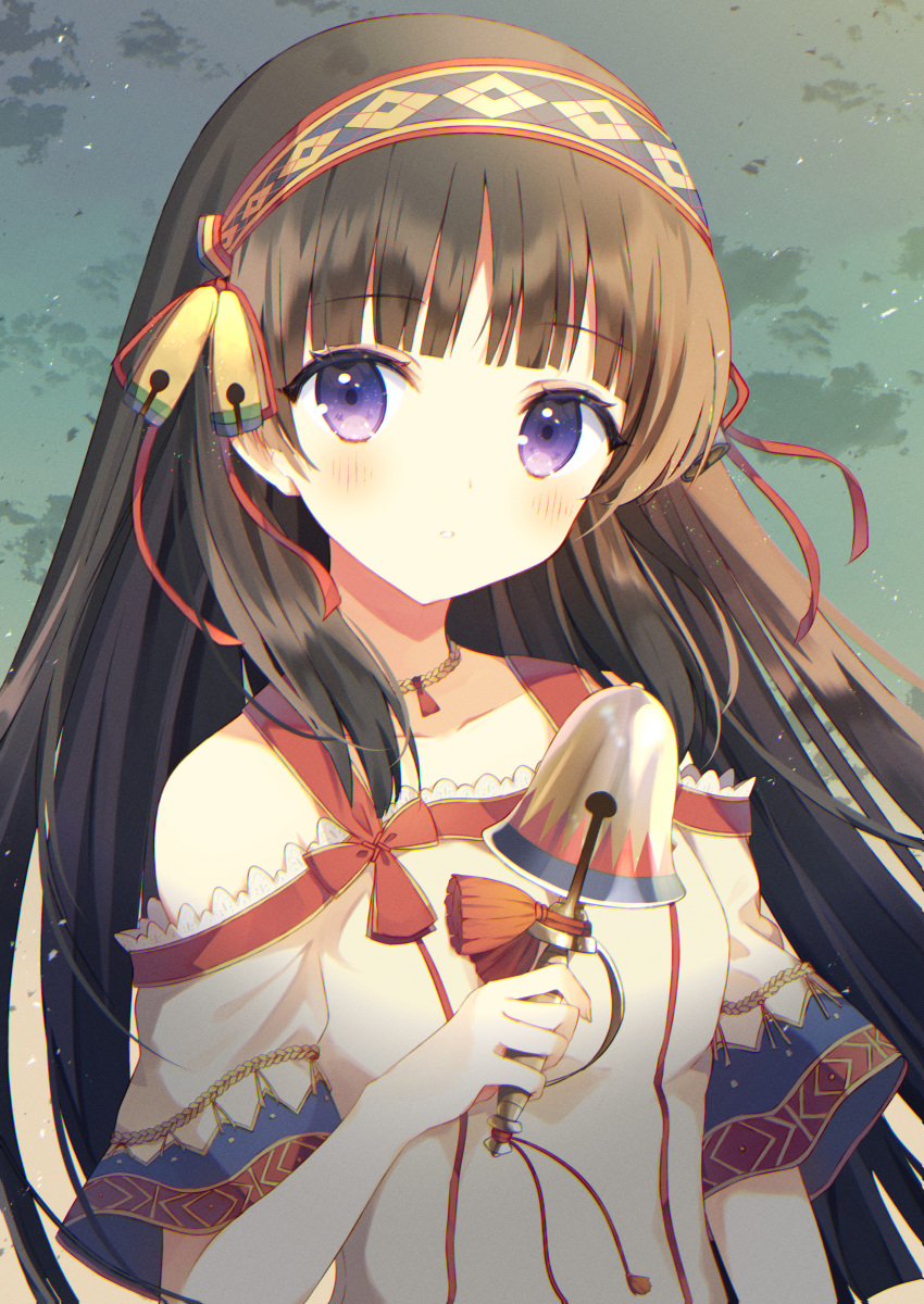1girl absurdres aiyan atelier_(series) atelier_shallie bangs bare_shoulders black_hair blunt_bangs blush closed_mouth dress hair_ribbon hairband highres holding jewelry long_hair looking_at_viewer necklace ribbon shallistera_(atelier) solo upper_body violet_eyes