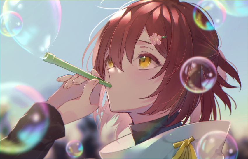 1boy absurdres black_sweater blurry blurry_background bubble bubble_blowing bubble_pipe flower hair_between_eyes hair_flower hair_ornament hairclip half_updo hanasaki_miyabi highres holding holostars long_sleeves looking_up male_focus portrait redhead ribbon shirt short_hair solo sweater turtleneck turtleneck_sweater virtual_youtuber white_shirt xmayo0x yellow_eyes yellow_ribbon
