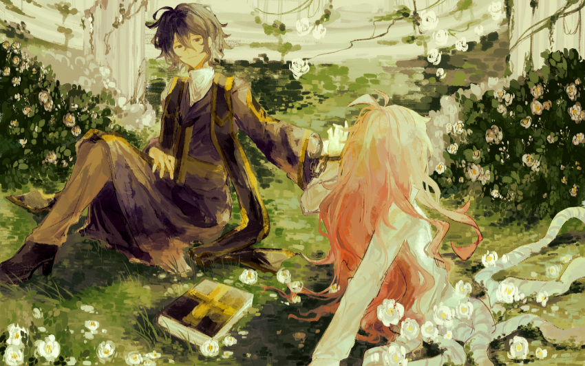 2boys antenna_hair black_eyes black_footwear black_hair brown_pants bush chinese_commentary closed_mouth commentary_request flower hatsutori_hajime high_heels highres industrial_pipe long_hair long_sleeves male_focus multiple_boys on_grass pants pink_hair purple_robe robe rose saibou_shinkyoku shirt short_hair sitting spoilers stole umi_(ysml23103) utsugi_noriyuki white_flower white_rose white_shirt