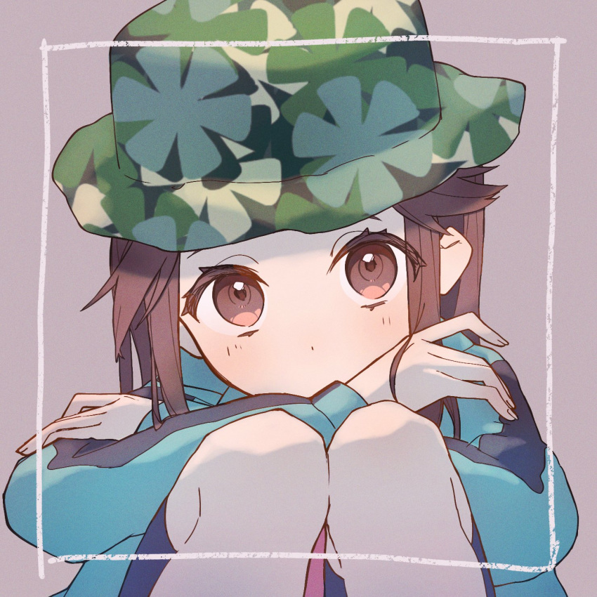 1girl blush brown_eyes brown_hair camouflage camouflage_headwear commentary_request crossed_arms eyelashes framed green_headwear green_jacket grey_background hair_flaps highres jacket leaf_(pokemon) leaf_(sygna_suit)_(pokemon) long_hair long_sleeves looking_at_viewer official_alternate_costume pokemon pokemon_(game) pokemon_masters_ex solo sumeragi1101