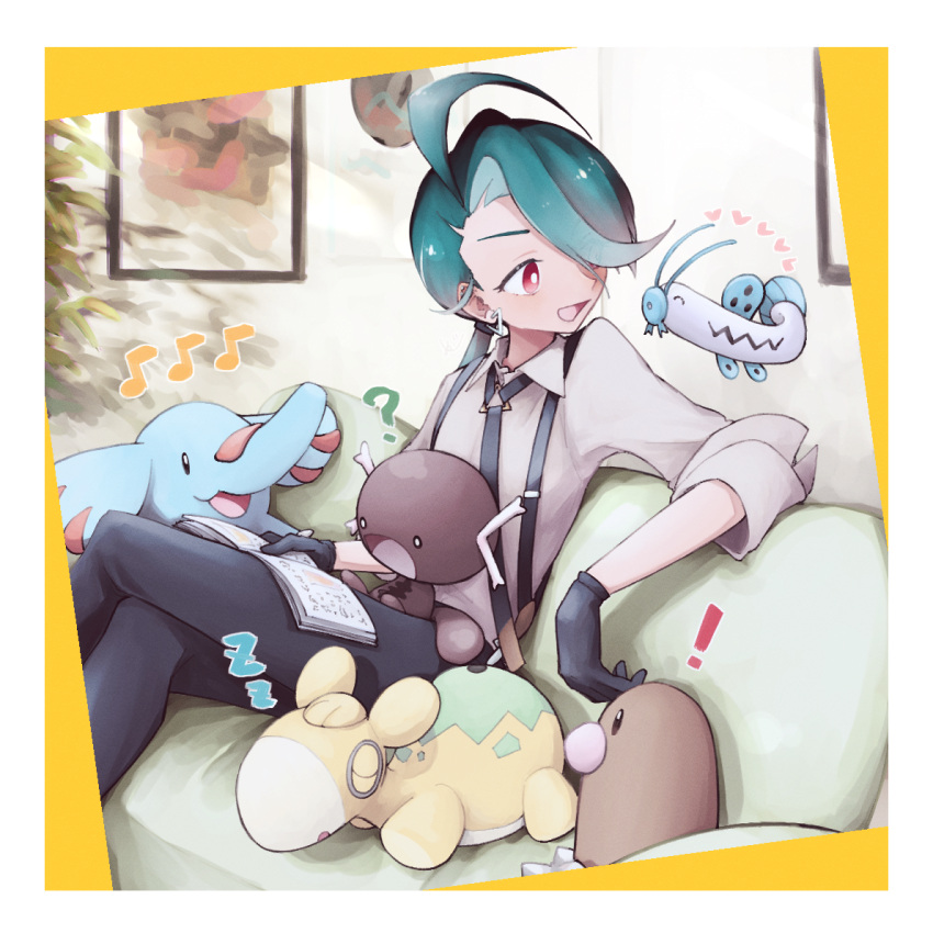 ! 1girl :d ? ahoge bangs barboach black_gloves black_necktie black_pants book bright_pupils collared_shirt commentary_request couch crossed_legs diglett earrings gloves green_hair indoors jewelry long_hair musical_note necktie numel open_mouth paldean_wooper pants phanpy pokemon pokemon_(creature) pokemon_(game) pokemon_sv quiet_room_0 red_eyes rika_(pokemon) shirt sitting smile suspenders white_pupils zzz