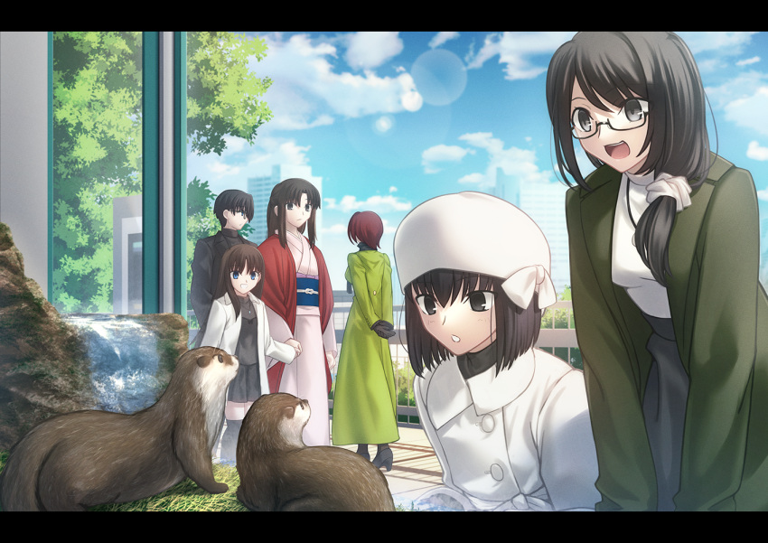 1boy 5girls animal aozaki_touko bangs black_dress black_footwear black_gloves black_hair black_jacket black_shirt black_skirt black_sweater black_thighhighs blue_eyes blue_sash blue_sky blush boots breasts brown_hair building character_request city clouds coat dress family gloves green_coat hair_between_eyes haori in-franchise_crossover jacket japanese_clothes kara_no_kyoukai kimono kokutou_mikiya kuonji_alice leaning_forward long_hair looking_at_another low_ponytail mahou_tsukai_no_yoru medium_breasts medium_hair multiple_girls obi otter outdoors parted_bangs pink_kimono railing ryougi_mana ryougi_shiki sash scrunchie semi-rimless_eyewear shadow shirt shoori_(migiha) short_hair side_ponytail sidelocks skirt sky smile sweater teeth thigh-highs tile_floor tiles tree turtleneck turtleneck_sweater type-moon upper_teeth_only white_coat white_headwear white_scrunchie white_sweater zoo