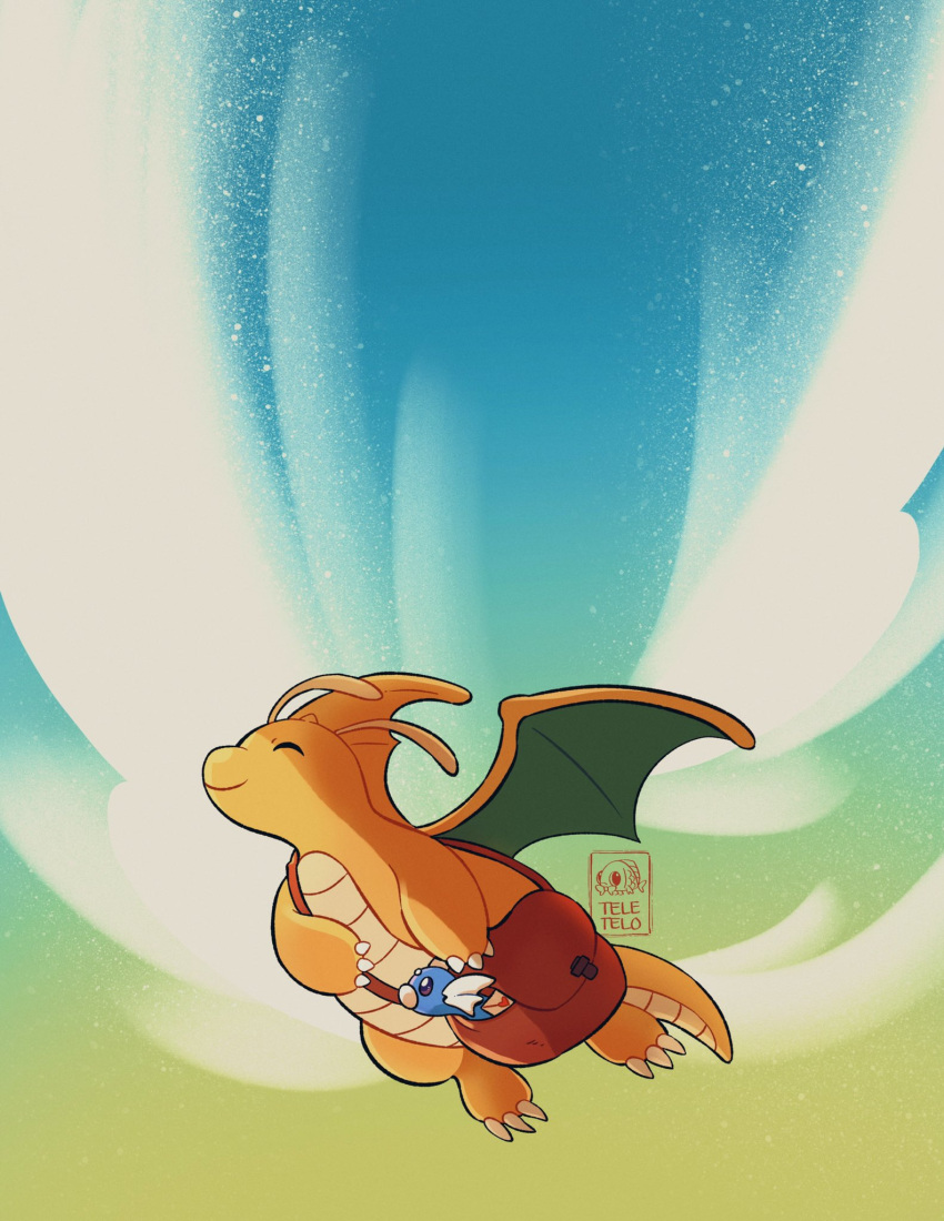 artist_name bag brown_bag closed_eyes clouds dragonite dratini envelope flying from_side green_sky happy heart highres multicolored_background no_humans pokemon pokemon_(creature) shoulder_bag smile teletelo wings