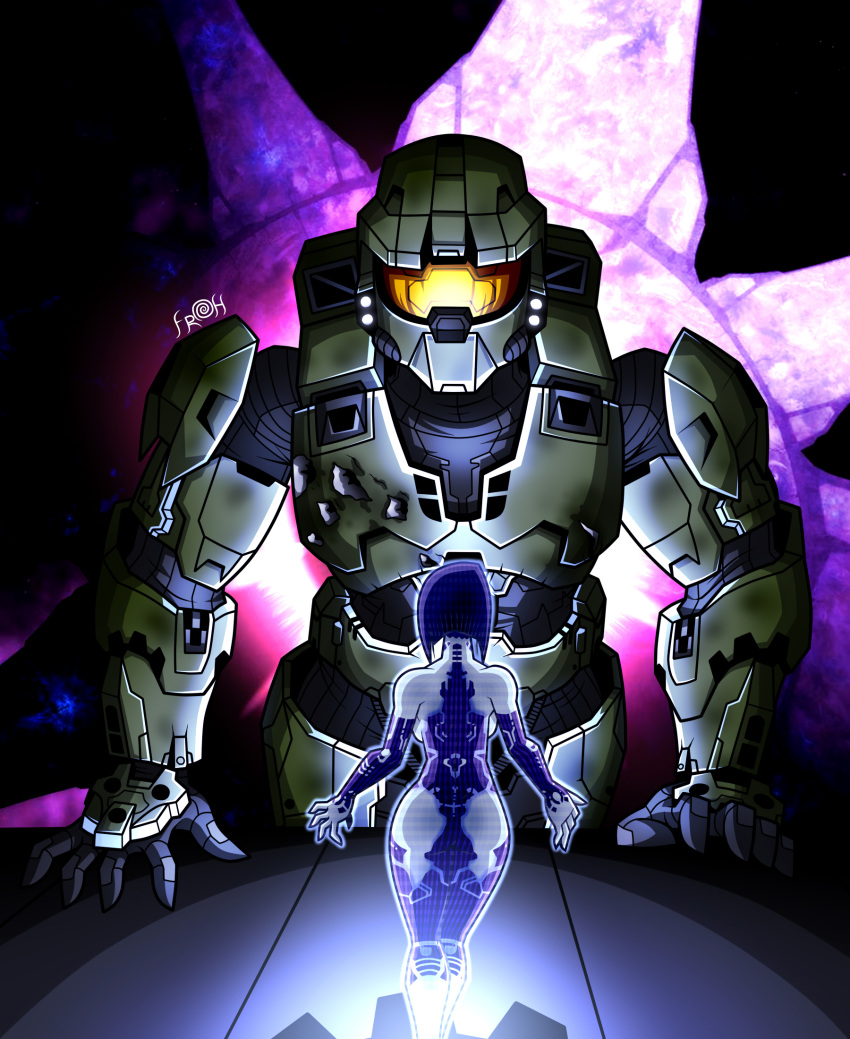 1girl 2007 ass back believe_again blue_eyes breasts campaign_girl cortana game_console halo halo_(artist) halo_(series) halo_3 halo_infinite highres master_chief microsoft non-web_source pocket_waifu power_armor science_fiction thigh-highs video_game xbox xbox_360 xbox_one xbox_series_x