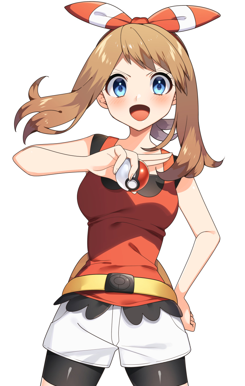 1girl :d absurdres bangs bike_shorts bike_shorts_under_shorts blue_eyes blush bow_hairband brown_hair commentary_request cowboy_shot fanny_pack hairband hand_on_hip hand_up highres holding holding_poke_ball long_hair may_(pokemon) open_mouth orange_hairband orange_shirt poke_ball poke_ball_(basic) pokemon pokemon_(game) pokemon_oras shirt short_shorts shorts simple_background sleeveless sleeveless_shirt smile solo tongue white_background white_shorts yuihico