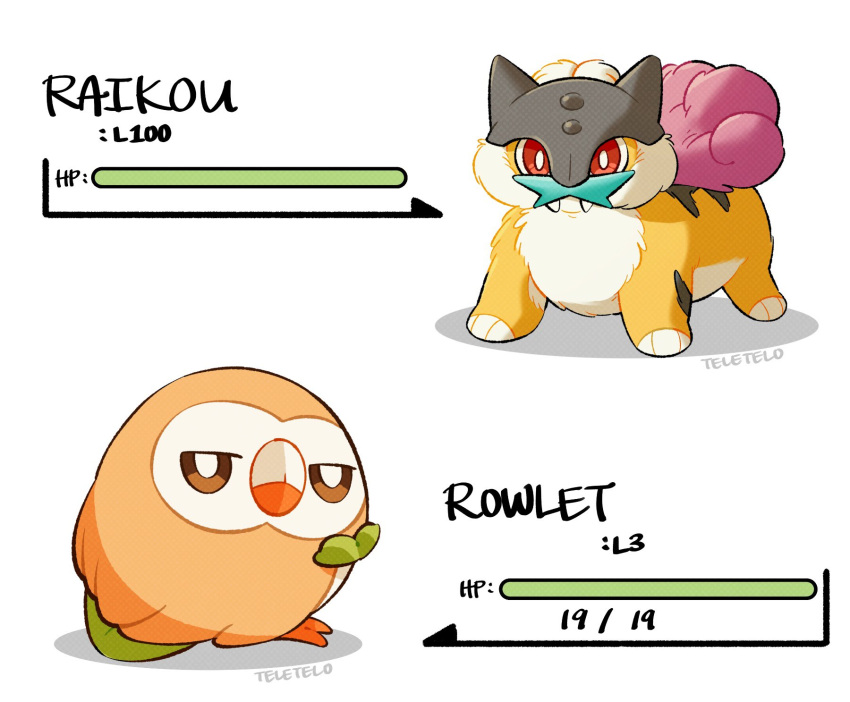 artist_name bow bowtie character_name closed_mouth fangs fighting green_bow green_bowtie health_bar highres looking_at_viewer no_humans pokemon pokemon_(creature) pokemon_(game) raikou red_eyes rowlet simple_background teletelo unamused white_background
