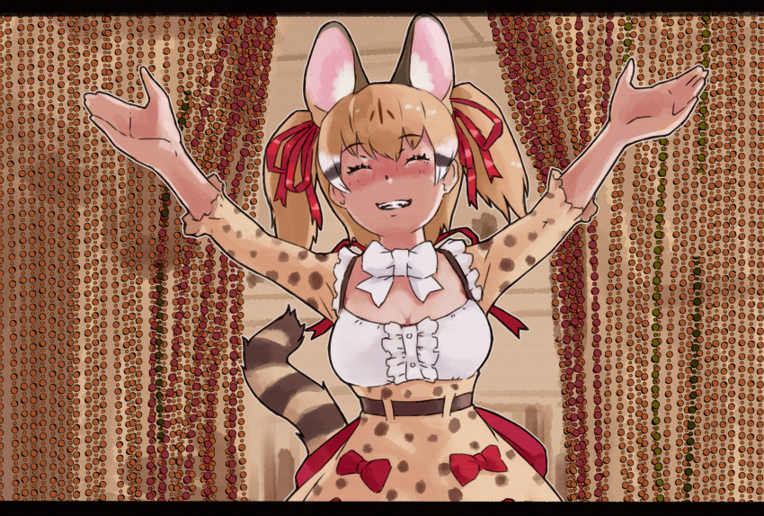 1girl animal_ears belt bow bowtie brown_hair cat_ears cat_girl cat_tail extra_ears highres kemono_friends kemono_friends_v_project large-spotted_genet_(kemono_friends) long_hair parody ribbon shirt skirt smile solo suspenders tail toriny twintails virtual_youtuber