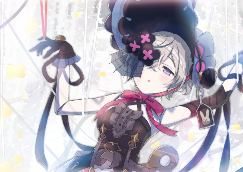 1girl android arms_up bangs black_gloves dragalia_lost dress gloves gothic_lolita grey_hair hair_between_eyes halloween_costume hat joints laxi_(dragalia_lost) lolita_fashion looking_at_viewer official_alternate_costume one_eye_covered osakilo parted_lips robot_joints short_hair sleeveless sleeveless_dress solo upper_body violet_eyes