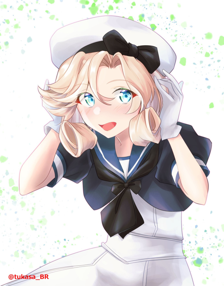 1girl bangs blonde_hair blue_eyes blue_sailor_collar commentary_request dress gloves hat highres janus_(kancolle) kantai_collection looking_at_viewer one-hour_drawing_challenge open_mouth parted_bangs sailor_collar sailor_dress sailor_hat short_hair short_sleeves solo tsukasa_(tukasa_br) twitter_username white_background white_dress white_gloves white_headwear
