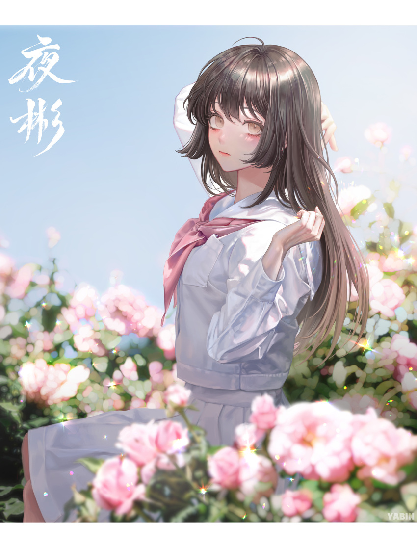 1girl arm_up artist_name blurry border brown_eyes brown_hair depth_of_field from_side glint hand_in_own_hair highres korean_commentary long_hair looking_at_viewer neckerchief original red_neckerchief school_uniform sitting skirt solo white_border white_skirt yabin