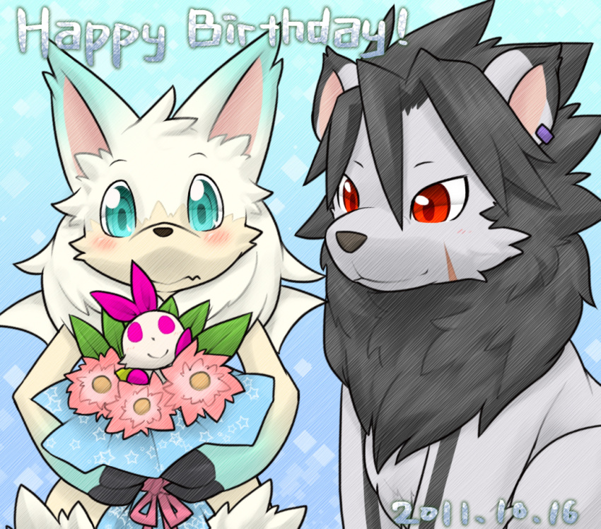 1other :3 animal_ears animal_hands animal_nose aqua_eyes bangs black_hair blank_eyes blue_background blue_fur blush body_fur bouquet character_request claws closed_mouth commentary_request dated earrings english_text eye_contact flower fur_collar gradient_background handymonsters happy_birthday holding holding_bouquet jewelry kame_(3t) leaf looking_at_another looking_down looking_up mini_wings multicolored_fur other_focus pink_eyes pink_flower red_eyes scar scar_on_face sidelocks simple_background sitting snout standing star_(symbol) star_print straight-on upper_body white_fur white_hair white_wings wings yellow_fur
