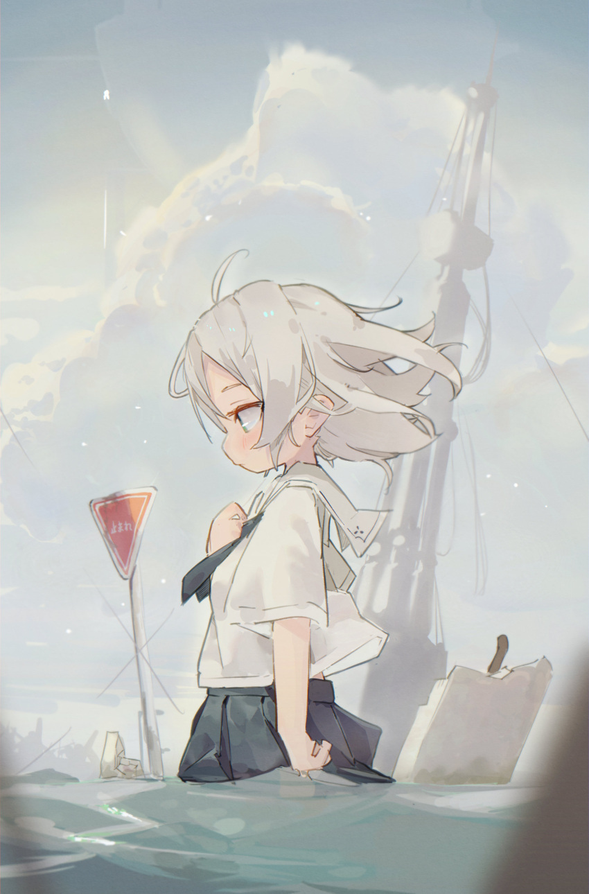 1girl absurdres ahoge arm_at_side black_neckerchief black_skirt blush closed_mouth clouds day flood from_side green_eyes grey_hair hand_on_own_chest highres instant_loss looking_down medium_hair neckerchief nep_(nep_76) original outdoors pleated_skirt profile road_sign ruins sailor_collar school_uniform serafuku shirt short_sleeves sign skirt solo standing stop_sign tower wading water white_sailor_collar white_shirt wind