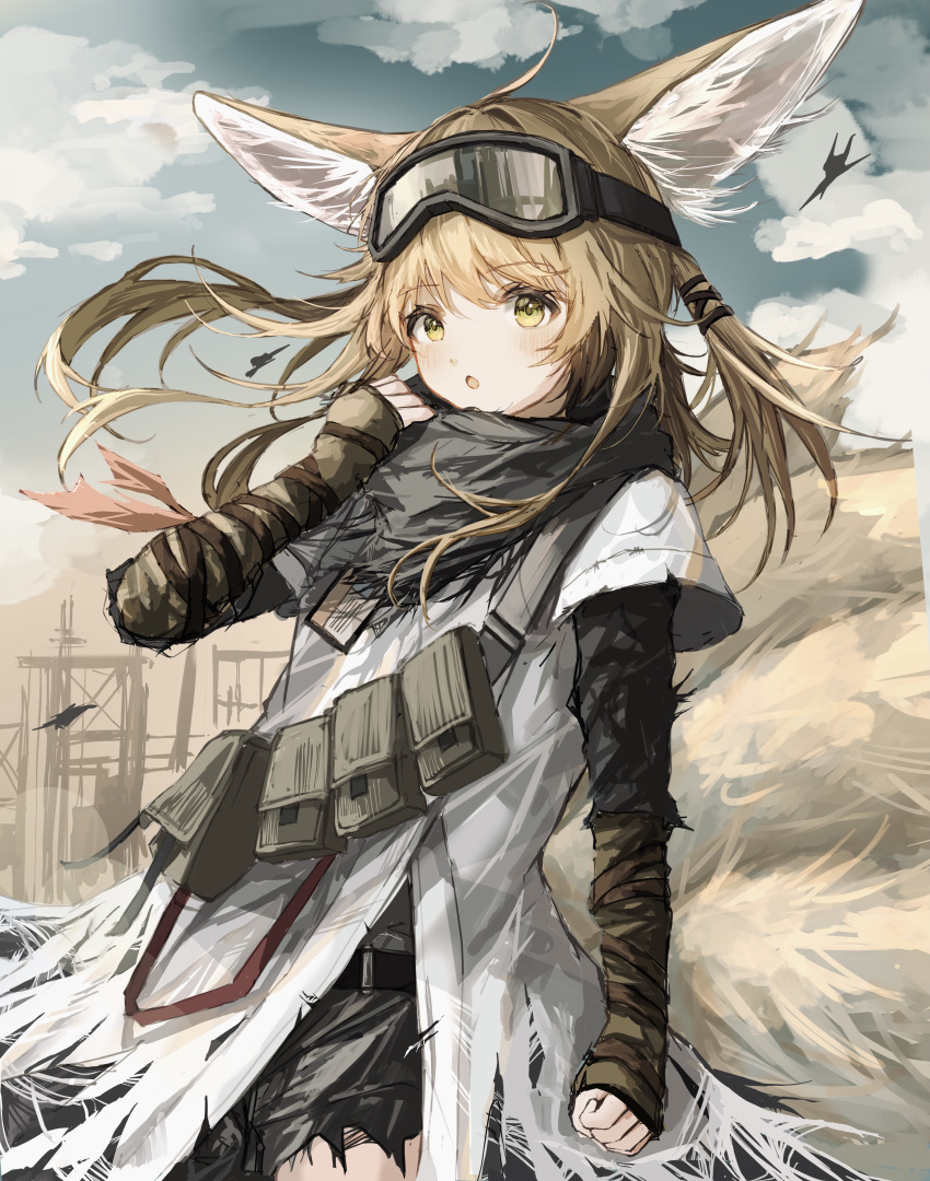 1girl :o absurdres ahoge animal_ear_fluff animal_ears arknights black_pants blonde_hair blue_sky blush clouds commentary_request day floating_hair fox_ears fox_girl fox_tail goggles goggles_on_head green_eyes hand_up highres jacket kitsune layered_sleeves long_hair long_sleeves looking_at_viewer outdoors pants parted_lips short_over_long_sleeves short_sleeves sidelocks sky solo suzuran_(arknights) suzuran_(lostlands_flowering)_(arknights) tail torn_clothes torn_pants user_yujg3254 white_jacket