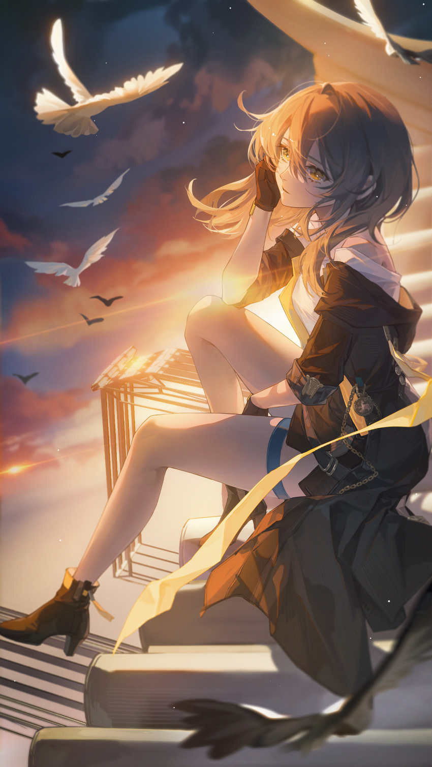 1girl absurdres bird black_footwear black_gloves black_jacket closed_mouth clouds commentary dove female_trailblazer_(honkai:_star_rail) from_side full_body gloves gradient_sky grey_hair hand_on_own_cheek hand_on_own_face high_heels highres honkai:_star_rail honkai_(series) hood hood_down hooded_jacket jacket knee_up long_hair night night_sky off_shoulder open_clothes open_jacket orange_sky outdoors shirt sitting sky sleeves_past_elbows solo thigh_strap trailblazer_(honkai:_star_rail) tuzhate white_shirt yellow_eyes