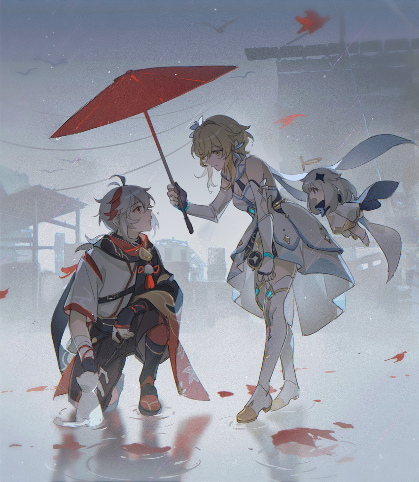 1boy 2girls antenna_hair bandaged_arm bandaged_hand bandages bangs bird black_cape black_gloves black_scarf blonde_hair boots cape cat chinese_commentary closed_mouth clouds cloudy_sky commentary_request detached_sleeves dress feather_hair_ornament feathers flower flying full_body genshin_impact gloves gold_trim hair_between_eyes hair_flower hair_ornament hakama hakama_shorts halo hand_up haori highres holding holding_umbrella jacket japanese_clothes kaedehara_kazuha kimono leaf_print leaning_forward long_sleeves looking_at_another looking_up low_ponytail lumine_(genshin_impact) maple_leaf_print medium_hair menglin393 multicolored_hair multiple_girls oil-paper_umbrella one_knee outdoors overcast paimon_(genshin_impact) pantyhose partially_fingerless_gloves pom_pom_(clothes) ponytail profile rain red_eyes red_pantyhose red_scarf red_umbrella redhead sandals scarf short_hair short_hair_with_long_locks short_sleeves shorts sidelocks sky sleeveless sleeveless_dress standing streaked_hair tassel thigh_boots umbrella vambraces water white_cape white_cat white_dress white_flower white_footwear white_hair white_kimono wide_sleeves yellow_eyes