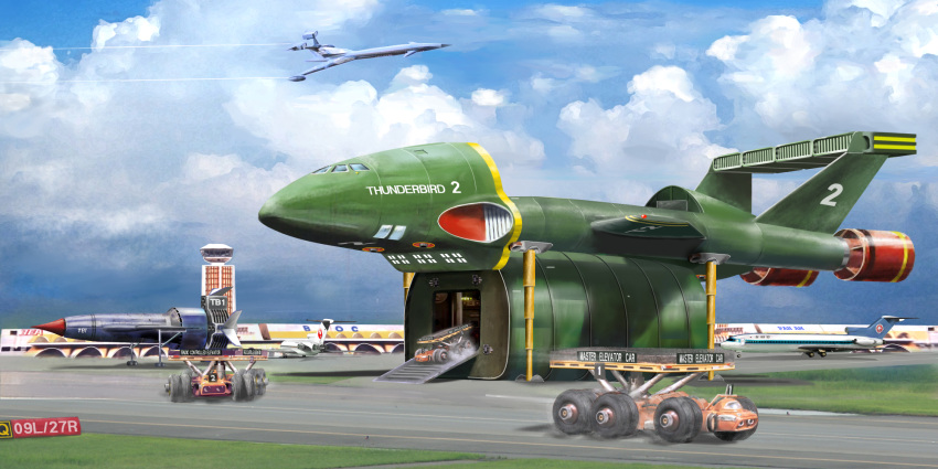 aircraft airplane airport bal-0 blue_sky clouds cloudy_sky contrail control_tower elevator_cars fireflash flying grass ground_vehicle highres machinery no_humans outdoors runway scenery science_fiction sky still_life thunderbird_1 thunderbird_2 thunderbirds_(series)