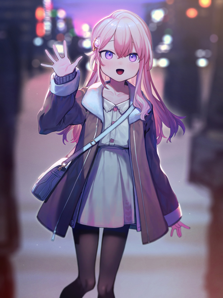 1girl :d bag black_coat black_pantyhose blurry blurry_background blush city city_lights coat collarbone food-themed_hair_ornament hair_between_eyes hair_ornament hairpin hand_up high-waist_skirt highres long_hair long_sleeves night open_clothes open_coat original outdoors pantyhose pink_hair shoulder_bag signalviolet skirt smile solo_focus strawberry_hair_ornament violet_eyes waving white_skirt