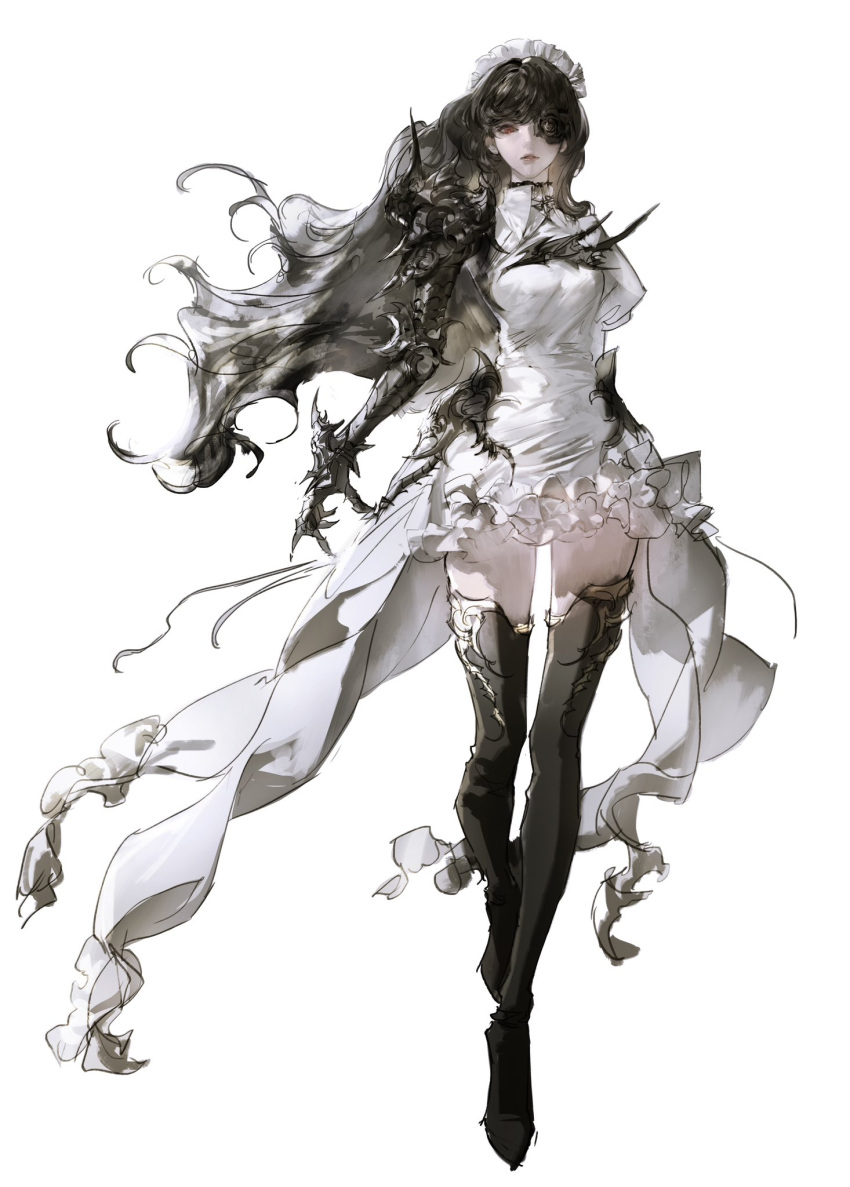 1girl armor bangs black_flower black_footwear boots breasts brown_hair closed_mouth dress flower flower_over_eye full_body highres long_hair maid maid_headdress medium_breasts original simple_background solo thigh_boots unfinished vlfdus_0 white_background white_dress