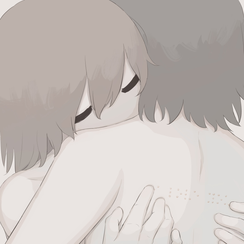 1boy 1girl absurdres avogado6 braille closed_eyes colored_skin from_behind head_on_another's_shoulder highres hug long_hair muted_color no_mouth no_nose nude original reading short_hair simple_background white_skin