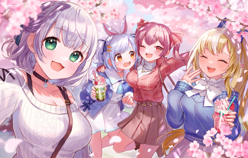 4girls absurdres animal_ears bangs blonde_hair blue_hair blue_ribbon blush bow breasts bunny-shaped_pupils carrot_hair_ornament cherry_blossoms closed_mouth dark-skinned_female dark_skin elf fang food-themed_hair_ornament green_eyes grey_hair hair_bow hair_ornament hair_ribbon high_ponytail highres hikimayu hololive hololive_fantasy houshou_marine large_breasts long_hair looking_at_viewer medium_hair miyamo_(fumifumi_no_ura) multicolored_hair multiple_girls one_eye_closed open_mouth orange_eyes pointy_ears ponytail rabbit_ears rabbit_girl red_eyes red_ribbon redhead ribbon shiranui_flare shirogane_noel short_eyebrows short_hair smile streaked_hair symbol-shaped_pupils thick_eyebrows twintails two-tone_hair two_side_up usada_pekora virtual_youtuber wavy_hair white_hair