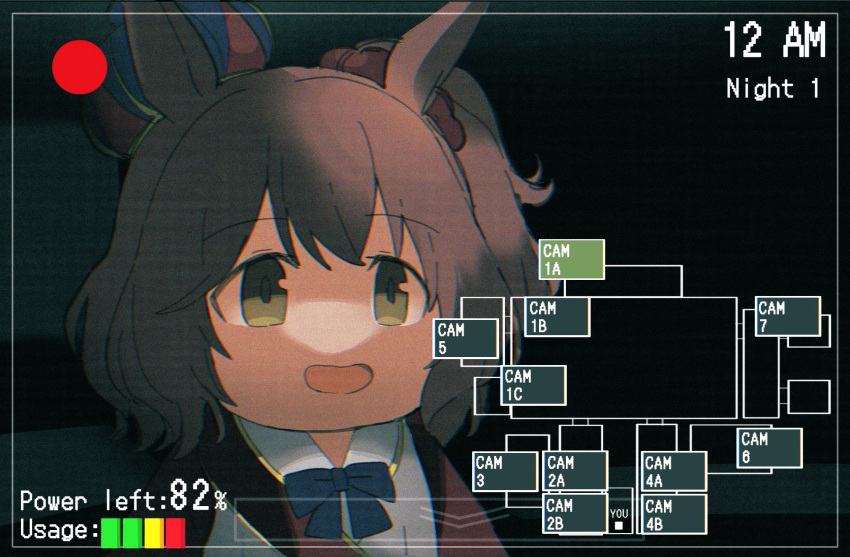 1girl animal_ears aston_machan_(umamusume) battery_indicator bow bowtie brown_hair crown english_text five_nights_at_freddy's green_eyes hair_ornament hair_scrunchie highres horse_ears medium_hair nazono77 open_mouth recording scrunchie side_ponytail smile solo timestamp umamusume
