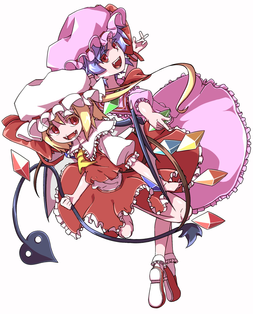 ascot bangs bat_wings blonde_hair blue_hair collared_shirt commentary_request crystal fangs flandre_scarlet flat_chest frilled_shirt_collar frilled_skirt frilled_sleeves frills full_body hat hat_ribbon highres laevatein_(touhou) long_hair looking_at_viewer mob_cap one_side_up open_mouth pink_headwear pink_shirt pink_skirt puffy_short_sleeves puffy_sleeves red_ascot red_eyes red_ribbon red_skirt red_vest remilia_scarlet ribbon shirt shishi_wan short_hair short_sleeves siblings simple_background sisters skirt skirt_set smile touhou vest white_background white_headwear white_shirt wings yellow_ascot