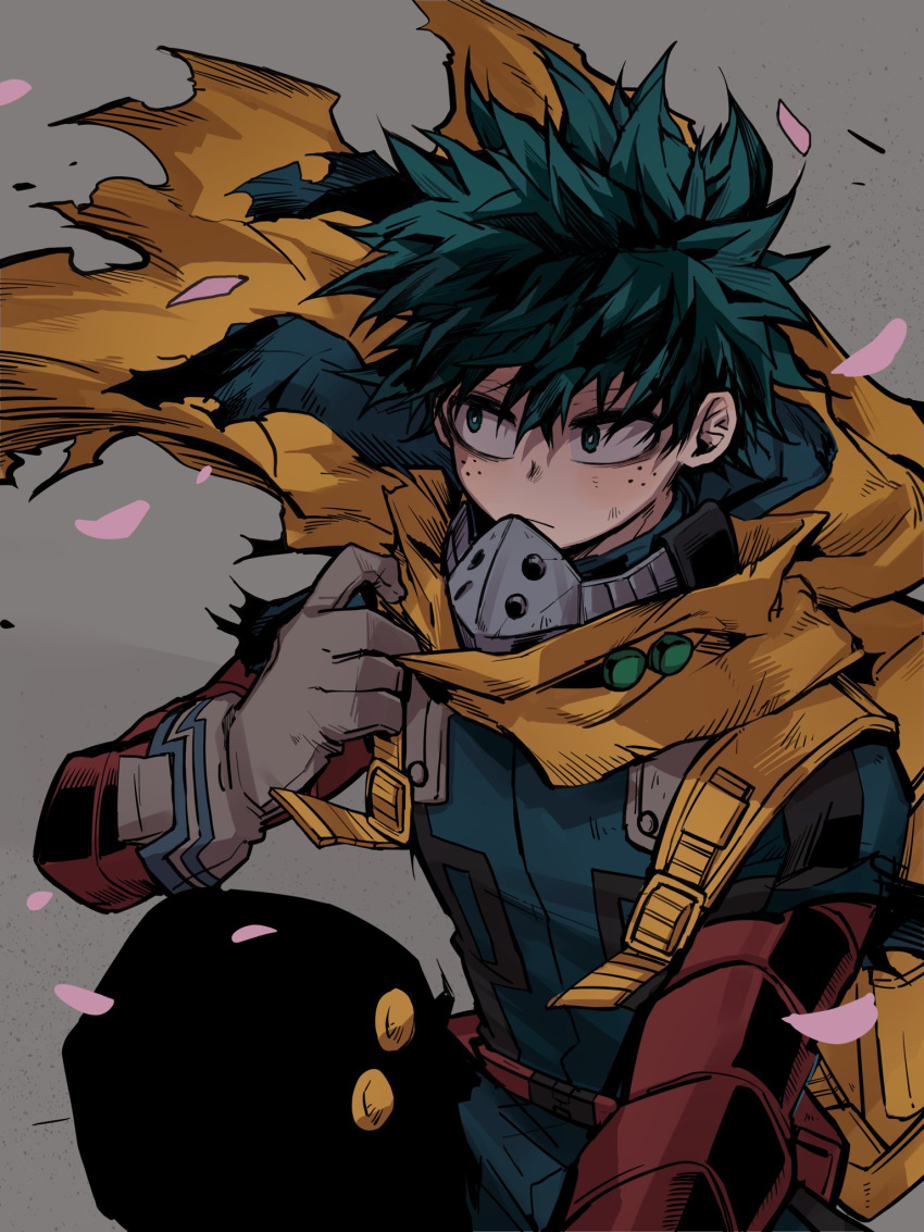 1boy adjusting_clothes arm_between_legs backpack bag bags_under_eyes bangs belt bodysuit boku_no_hero_academia bright_pupils cape chiyaya closed_mouth clothes_grab dust falling_petals floating_cape floating_hair freckles frown gloves green_bodysuit green_eyes green_hair grey_background hair_between_eyes hand_up highres looking_to_the_side male_focus midoriya_izuku official_alternate_costume petals red_belt scratches short_hair sideways_glance simple_background solo spoilers squatting torn_cape torn_clothes torn_sleeves upper_body utility_belt white_pupils wind yellow_bag yellow_cape