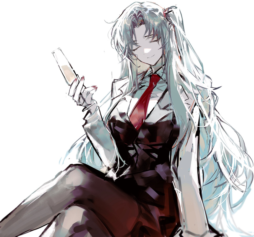 1girl angela_(project_moon) black_pantyhose blue_hair champagne_flute closed_eyes closed_mouth collared_shirt crossed_legs cup drinking_glass highres holding holding_cup lobotomy_corporation long_hair long_sleeves necktie one_side_up pantyhose project_moon red_nails red_necktie remsrar shirt simple_background sitting smile solo very_long_hair white_background white_shirt