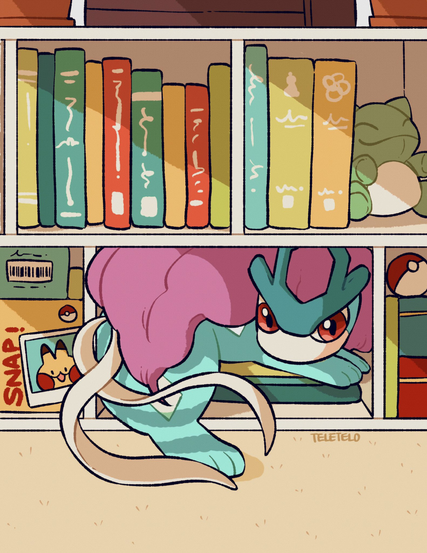 artist_name book bookshelf fitting from_side highres looking_at_viewer looking_to_the_side photo_(object) pikachu poke_ball pokemon pokemon_(creature) red_eyes suicune teletelo