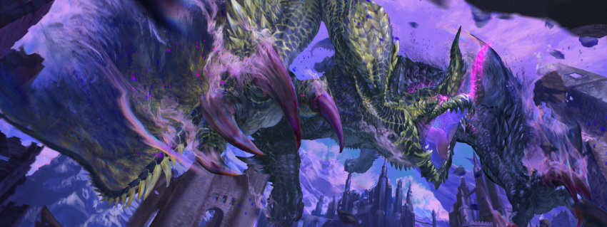 absurdres castle chaotic_gore_magala claws clouds creature debris dragon eating403 extra_arms foreshortening glowing glowing_eye glowing_horns highres horns monster monster_hunter_(series) no_humans open_mouth scales scenery tongue violet_eyes
