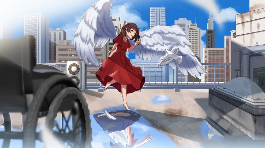 1girl :o absurdres barefoot bird blue_skirt brown_eyes building city clouds day different_reflection dress feathered_wings highres momose_ramu original outdoors puddle red_dress reflection rooftop school_uniform short_sleeves skirt skyline skyscraper wheelchair white_wings wings