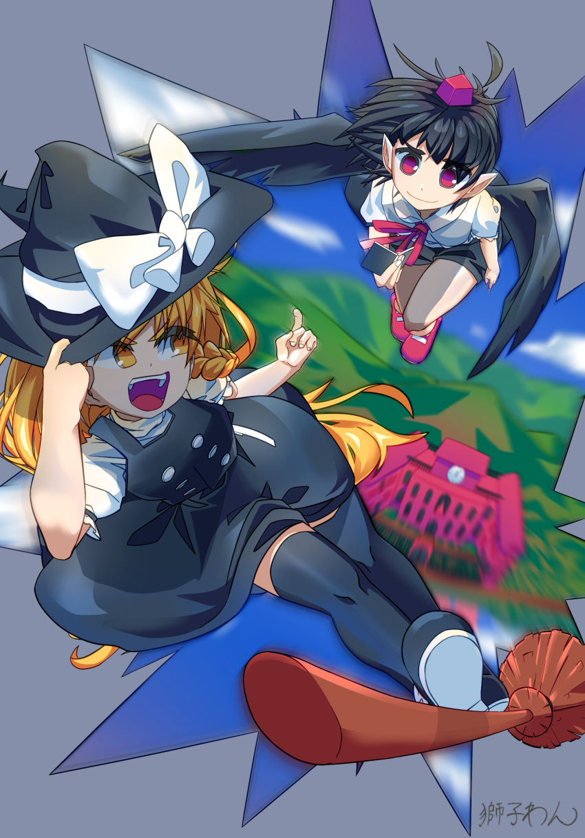 2girls bangs bird_wings black_dress black_hair black_headwear black_wings blonde_hair blue_sky bow bowtie braid breasts broom broom_riding buttons closed_mouth collared_shirt commentary_request day dress flying full_body hat hat_bow highres in-universe_location kirisame_marisa long_hair looking_at_another motion_blur multiple_girls notebook open_mouth outdoors pinafore_dress pointy_ears puffy_short_sleeves puffy_sleeves red_bow red_bowtie red_eyes red_footwear red_headwear scarlet_devil_mansion shameimaru_aya shirt shishi_wan short_hair short_sleeves single_braid sky small_breasts smile tokin_hat touhou white_bow white_shirt wings witch_hat yellow_eyes