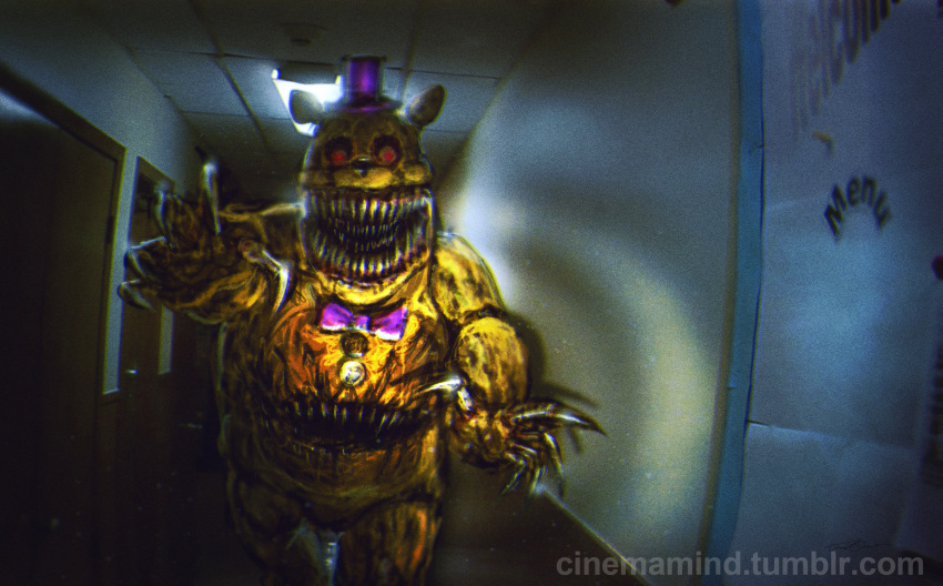 1boy animal_ears artist_name bear_ears bow bowtie ceiling_light cinemamind claws commentary dark door english_commentary extra_mouth five_nights_at_freddy's five_nights_at_freddy's_4 flashlight_beam fredbear_(fnaf) hallway hat highres horror_(theme) indoors light_particles looking_at_viewer mini_hat mini_top_hat nightmare_fredbear open_mouth purple_bow purple_bowtie purple_headwear red_eyes robot sharp_teeth standing teeth top_hat tumblr_username web_address