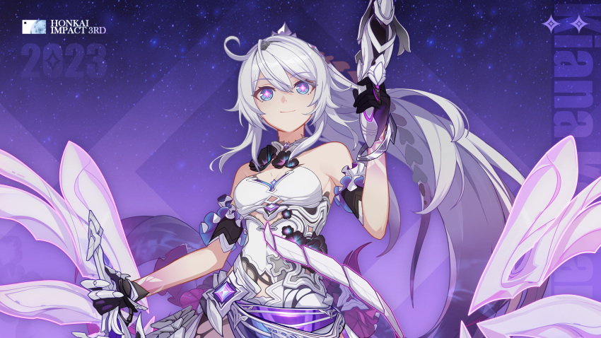 1girl 2023 ahoge background_text bangs bare_shoulders high_ponytail highres holding holding_weapon honkai_(series) honkai_impact_3rd kiana_kaslana kiana_kaslana_(herrscher_of_finality) looking_up official_art official_wallpaper ponytail purple_background smile solo weapon white_hair