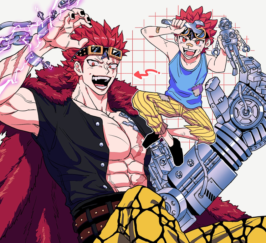 &gt;:) 2boys bandaid bandaid_on_face child coat coat_on_shoulders dual_persona eustass_captain_kid eyewear_on_head fur_coat hand_up hands_up highres holding holding_screwdriver holding_toy male_child male_focus mechanical_arms multiple_boys muscular one_piece open_clothes open_mouth open_shirt pectorals red_eyes redhead robot scar scar_on_face screwdriver short_hair single_mechanical_arm sleeveless time_paradox toy v-shaped_eyebrows yakumo_(ykm)
