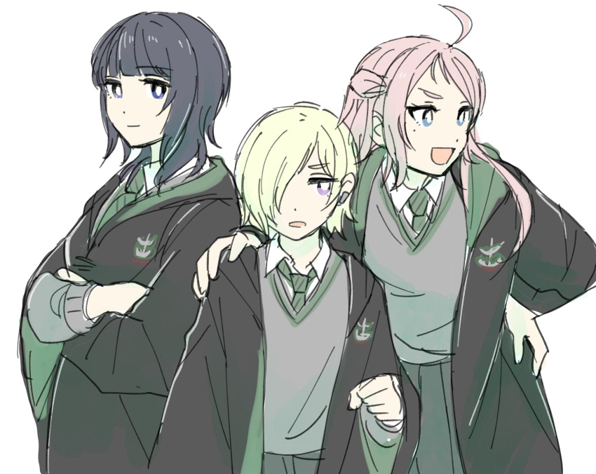 3girls ahoge annoyed asaka_karin bangs behind_another black_hair blonde_hair blue_eyes blunt_bangs closed_mouth crossed_arms earclip hand_on_another's_shoulder hand_on_hip harry_potter_(series) highres hogwarts_school_uniform long_hair looking_at_viewer looking_to_the_side love_live! love_live!_nijigasaki_high_school_idol_club medium_hair mia_taylor mole mole_under_eye multiple_girls one_eye_closed open_mouth pink_hair school_uniform short_hair sidelocks sketch slytherin smile solllolll two_side_up violet_eyes white_background zhong_lanzhu