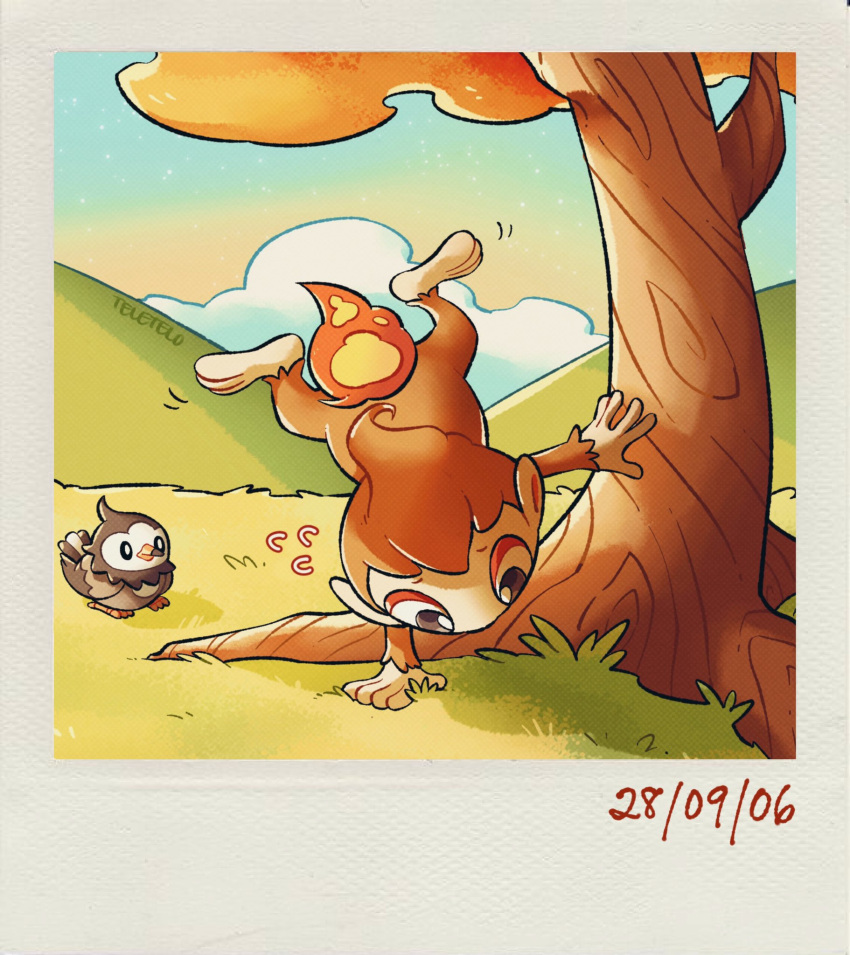 artist_name black_eyes chimchar clouds dated grass handstand highres hill looking_at_another one_arm_handstand outdoors pokemon pokemon_(game) starly teletelo tree