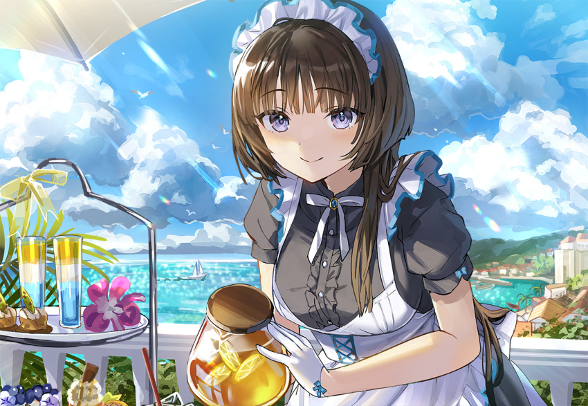 1girl apron bangs black_shirt blue_eyes blue_sky blunt_bangs boat brown_hair clouds cup day drinking_glass food gloves holding leaning_forward light_rays long_hair looking_at_viewer maid maid_apron maid_headdress original outdoors pouring puffy_sleeves ribbon sailboat shirt short_sleeves sky smile solo summer tan_(tangent) upper_body violet_eyes watercraft white_gloves white_ribbon