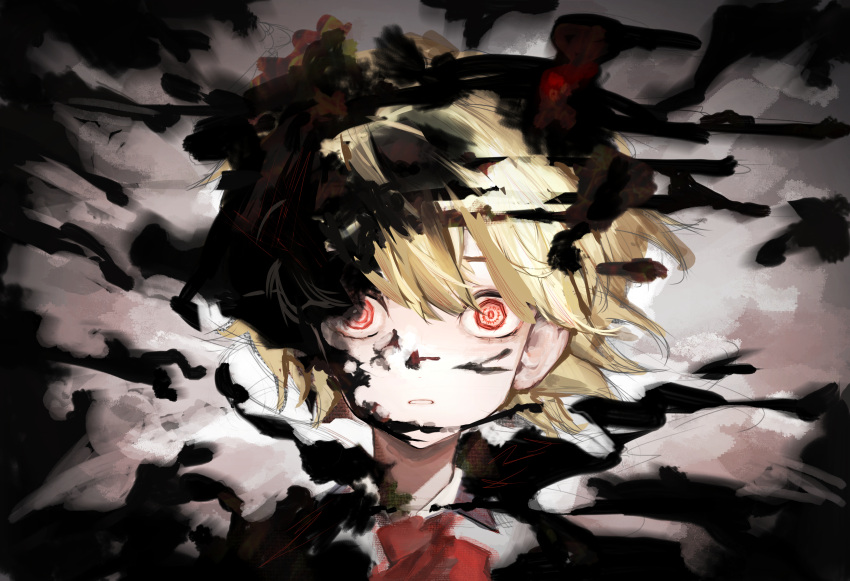 1girl absurdres bangs black_vest blonde_hair collared_shirt darkness hair_between_eyes hair_ribbon henginnnnnn highres looking_at_viewer open_mouth portrait red_eyes red_ribbon ribbon rumia shirt short_hair solo straight-on touhou vest white_shirt