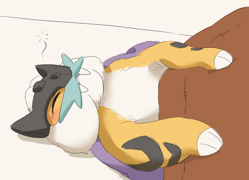 blanket closed_eyes english_commentary facing_up fangs highres lying no_humans on_back pokemon pokemon_(creature) raikou simple_background sleeping teletelo white_background