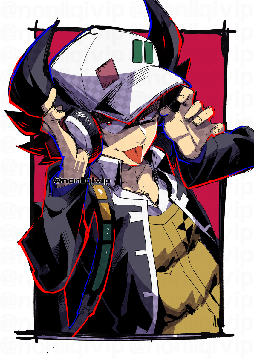 1boy baseball_cap black_hair black_jacket border closed_mouth collared_shirt commentary_request giacomo_(pokemon) hands_up hat headphones highres jacket long_sleeves looking_at_viewer male_focus open_clothes open_jacket pointy_hair pokemon pokemon_(game) pokemon_sv shirt smile solo strap team_star tongue tongue_out upper_body vest white_border white_headwear white_shirt yamanashi_taiki
