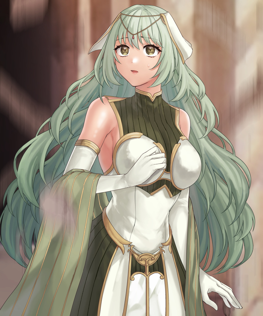 1girl absurdres bare_shoulders breasts commission dress elbow_gloves fire_emblem fire_emblem_echoes:_shadows_of_valentia gloves green_hair hazuki_(nyorosuke) highres large_breasts long_hair looking_up sideboob skeb_commission sleeveless sleeveless_dress solo sweatdrop tatiana_(fire_emblem) turtleneck_dress very_long_hair white_dress white_gloves yellow_eyes