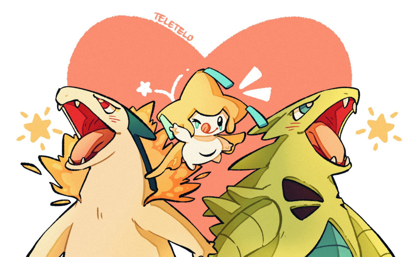 :q ;q artist_name english_commentary fangs green_eyes heart highres looking_at_viewer no_humans one_eye_closed open_mouth pokemon star_(symbol) teeth teletelo tongue tongue_out typhlosion tyranitar white_background