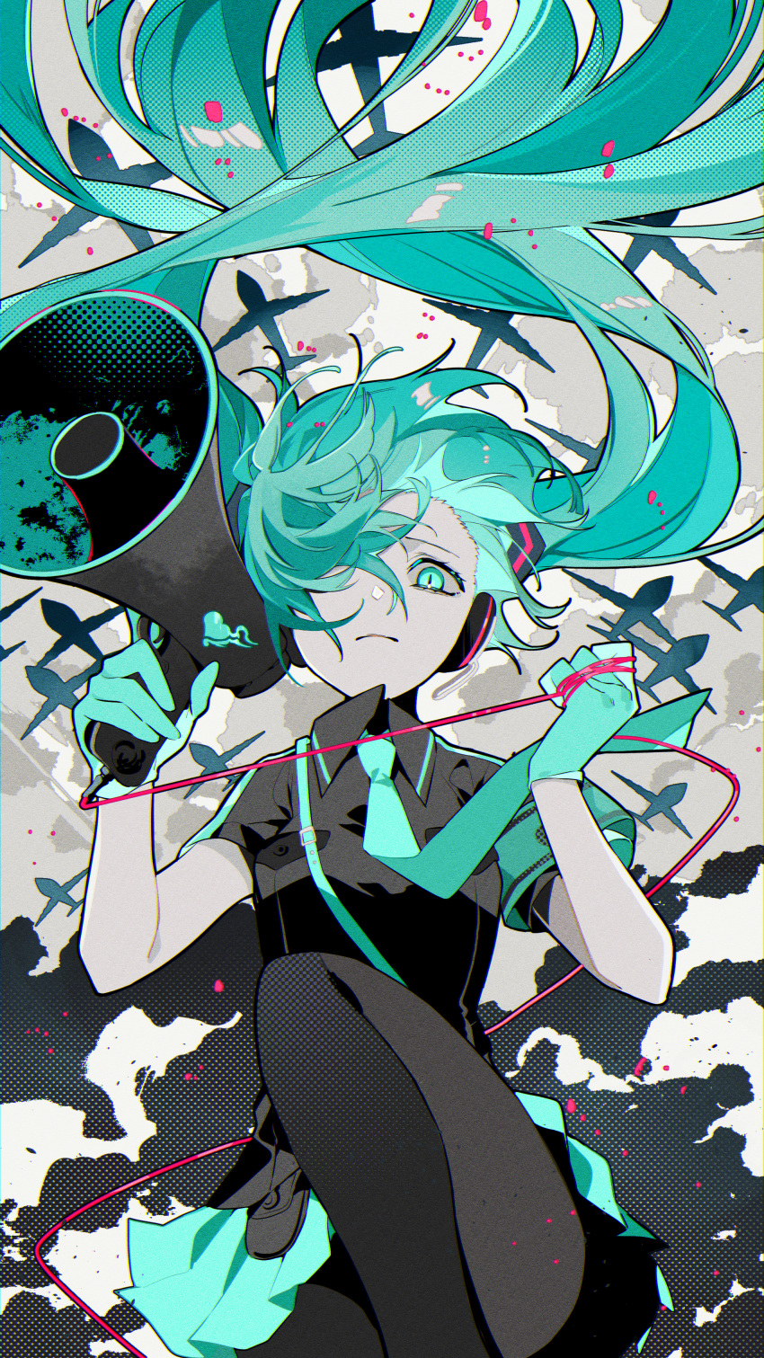 1girl absurdres aircraft airplane aqua_eyes aqua_gloves aqua_hair aqua_skirt armband black_shirt blue_armband blue_eyes blue_gloves blue_hair blue_necktie cable closed_mouth clouds cloudy_sky frown gloves hair_ornament hair_over_one_eye halftone hatsune_miku headphones highres holding holding_cable holding_megaphone koi_wa_sensou_(vocaloid) light_particles long_hair looking_at_viewer megaphone necktie omutatsu pantyhose shirt skirt sky solo twintails unhappy very_long_hair vocaloid