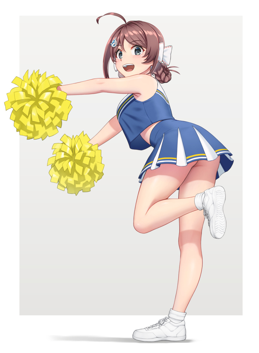 1girl alternate_costume ass back braid breasts brown_hair cheering cheerleader chougei_(kancolle) crop_top grey_background grey_eyes hair_ornament hair_rings highres holding holding_pom_poms kantai_collection large_breasts long_hair looking_at_viewer looking_back midriff miniskirt navel open_mouth pleated_skirt pom_pom_(cheerleading) porupurucha shirt shoes skirt sleeveless sleeveless_shirt sneakers solo standing standing_on_one_leg twin_braids whale_hair_ornament white_background