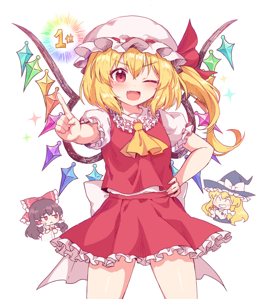 3girls absurdres ascot blonde_hair breasts brown_hair collared_shirt cowboy_shot crystal fang flandre_scarlet frilled_ribbon frilled_shirt_collar frilled_skirt frills hair_ribbon hakurei_reimu hand_on_hip happy hat hat_ribbon highres kaoling kirisame_marisa medium_hair mob_cap multiple_girls one_eye_closed one_side_up open_mouth pointing puffy_short_sleeves puffy_sleeves red_eyes red_ribbon red_skirt red_vest ribbon shirt short_sleeves skirt skirt_set small_breasts thighs touhou vest white_headwear white_shirt wings witch_hat yellow_ascot