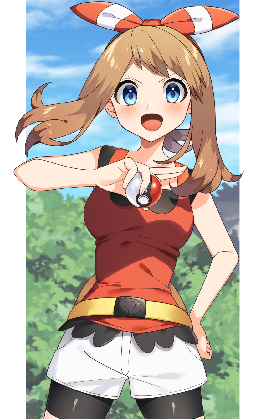 1girl :d absurdres bangs bike_shorts bike_shorts_under_shorts blue_eyes blush bow_hairband brown_hair clouds commentary_request cowboy_shot day fanny_pack hairband hand_on_hip hand_up highres holding holding_poke_ball long_hair may_(pokemon) open_mouth orange_hairband orange_shirt outdoors pillarboxed poke_ball poke_ball_(basic) pokemon pokemon_(game) pokemon_oras shirt short_shorts shorts sky sleeveless sleeveless_shirt smile solo tongue white_shorts yuihico